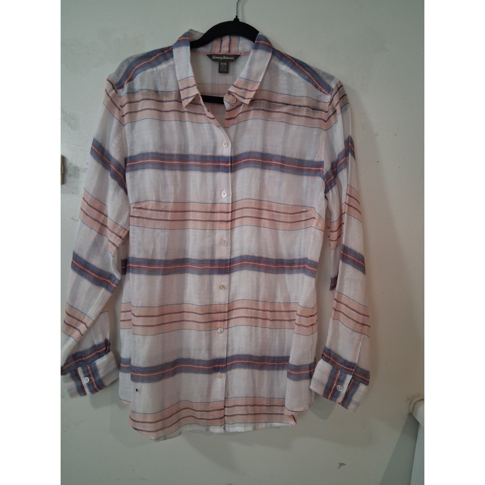 Tommy Bahama Womens Medium Cotton Silk Striped Button Down Shirt White Coral